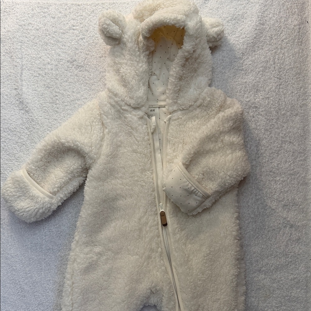 H&M Sherpa Fleece Pile Baby Bunting Snowsuit Teddy Bear Ears Full Zip Lined